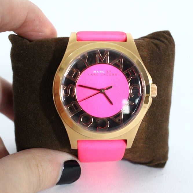 Marc Jacobs Henry Skeleton Pink Dial Pink Leather Strap Watch for