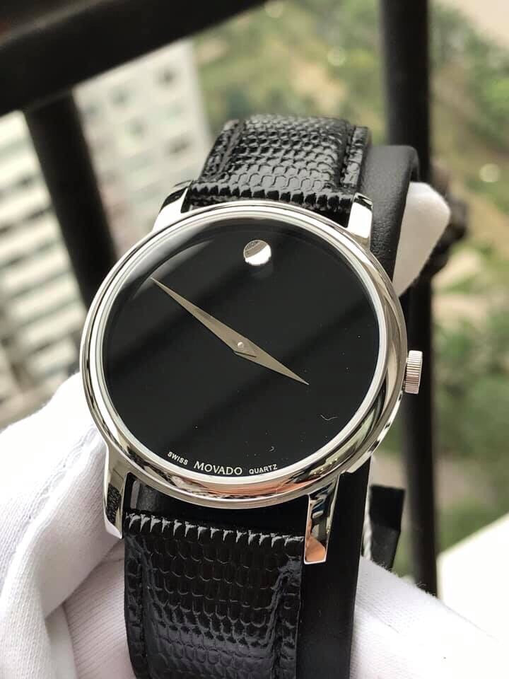 Movado Museum Black Dial Black Leather Strap Watch For Men