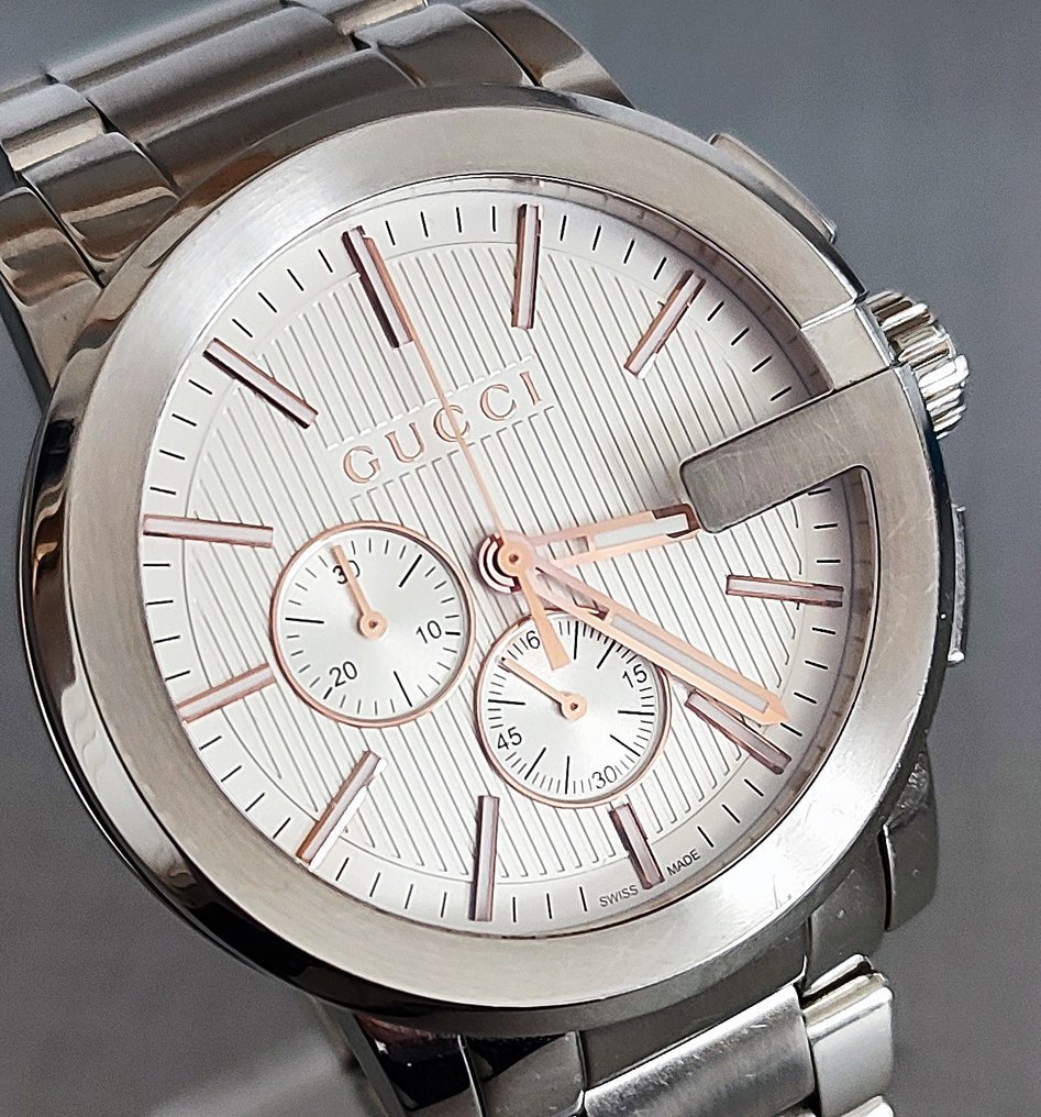 Gucci G Chrono Chronograph Silver Dial Silver Steel Strap Watch