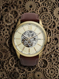 Fossil Flynn Mechanical Skeleton Champagne Dial Brown Leather Strap Watch for Men - BQ2215