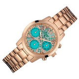 Guess Mini Sunrise Multi Function Analog Turquoise Dial Rose Gold Steel Strap Watch For Women - W0448L8