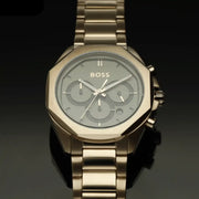 Hugo Boss Classic Chronograph Olive Green Dial Beige Gold Steel Strap Watch For Men - 1514019