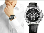 Hugo Boss Ikon Chronograph Black Dial Black Leather Strap Watch for Men - 1513178
