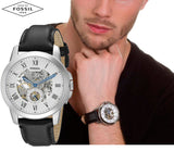 Fossil Grant Skeleton White Dial Black Leather Strap Watch for Men -  ME3053