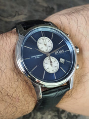 Hugo Boss Jet Chronograph Blue Dial Black Leather Strap Watch for Men - 1513283