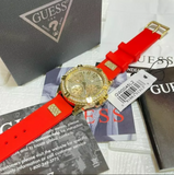 Guess Frontier Diamonds Gold Dial Red Rubber Strap Watch for Women - GW0045L2