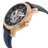 Fossil Grant Automatic Skeleton Navy Blue Dial Navy Blue Leather Strap Watch for Men - ME3102