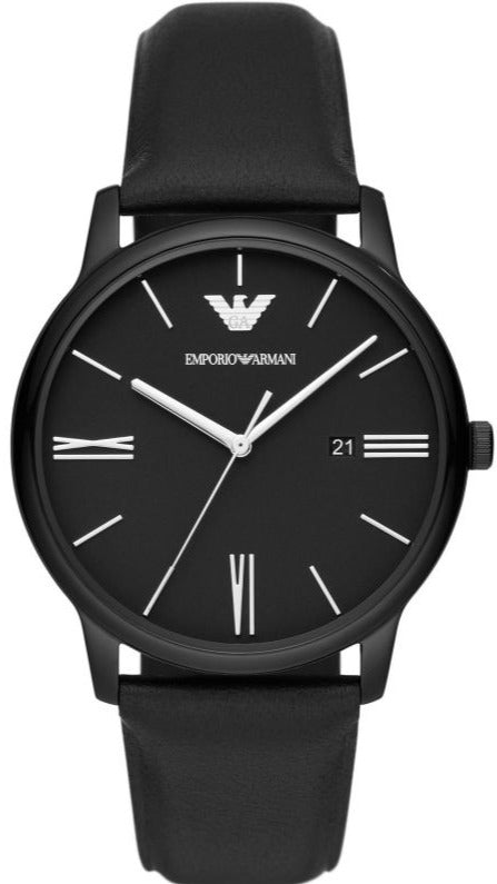 Emporio Armani Minimalistische Analoguhr mit schwarzem Zifferblatt und schwarzem Lederarmband fur Herren