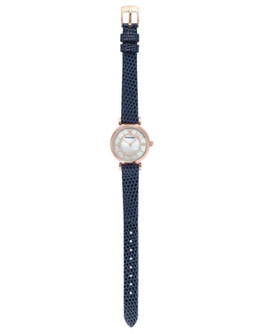 Emporio Armani Gianni T-Bar Analog Mother of Pearl Dial Blue Leather Strap Watch For Women - AR11468