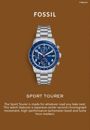 Fossil Sport Tourer Chronograph Blue Dial Silver Steel Strap Watch for Men - FS6047