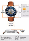 Fossil Townsman Automatic Skeleton Blue Dial Brown Leather Strap Watch for Men - ME3154