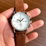 Fossil The Commuter White Dial Brown Leather Strap Watch for Men - FS5402