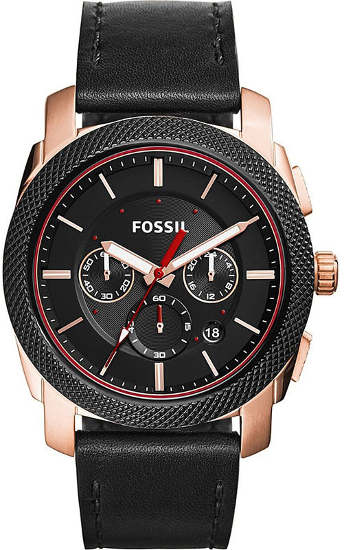 Fossil Machine Chronograph Black Dial Black Leather Strap Watch for Me