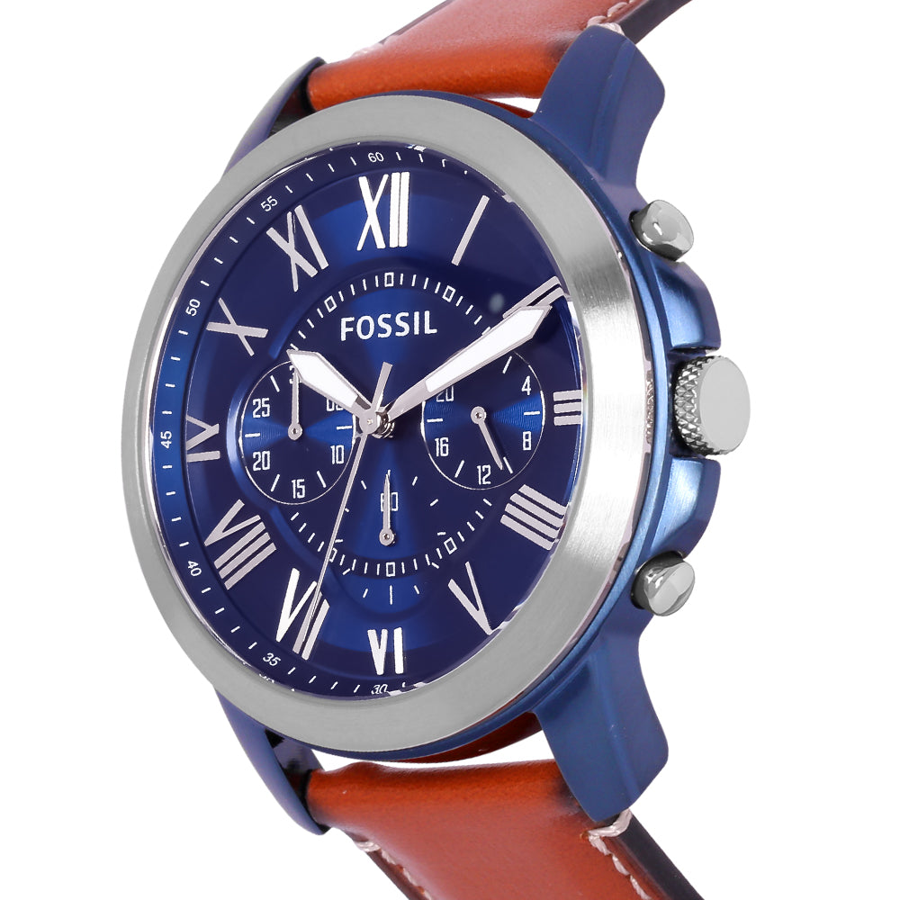 Fossil Grant Chronograph Blue Dial Brown Leather Strap Watch for Men