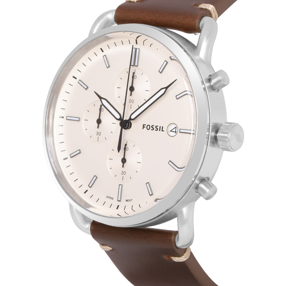 Fossil The Commuter White Dial Brown Leather Strap Watch for Men