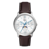 Fossil Neutra Minimalist Moonphase Silver Dial Brown Leather Strap Watch for Men - FS5905