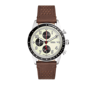 Fossil Sport Tourer Chronograph White Dial Brown Leather Strap Watch for Men - FS6042