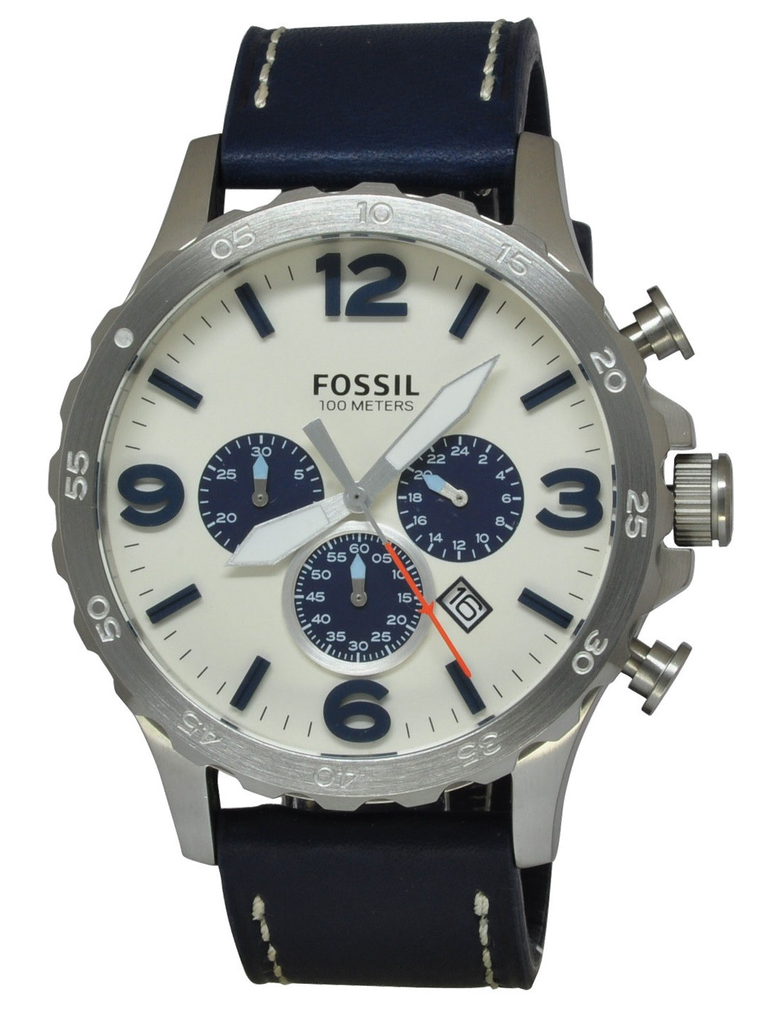 Fossil Nate Chronograph White Dial Blue Leather Strap Watch for Men