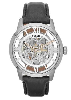 Fossil Townsman Automatic Skeleton Silver Dial Black Leather Strap Watch for Men - ME3041