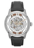 Fossil Townsman Automatic Skeleton Silver Dial Black Leather Strap Watch for Men - ME3041