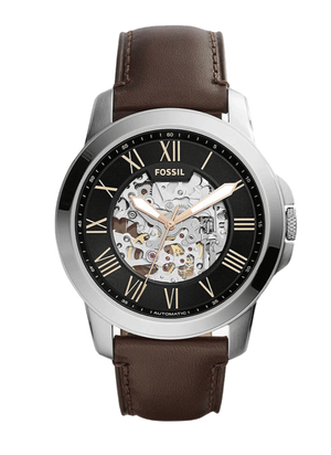 Fossil Grant Automatic Skeleton Black Dial Brown Leather Strap Watch for Men - ME3100