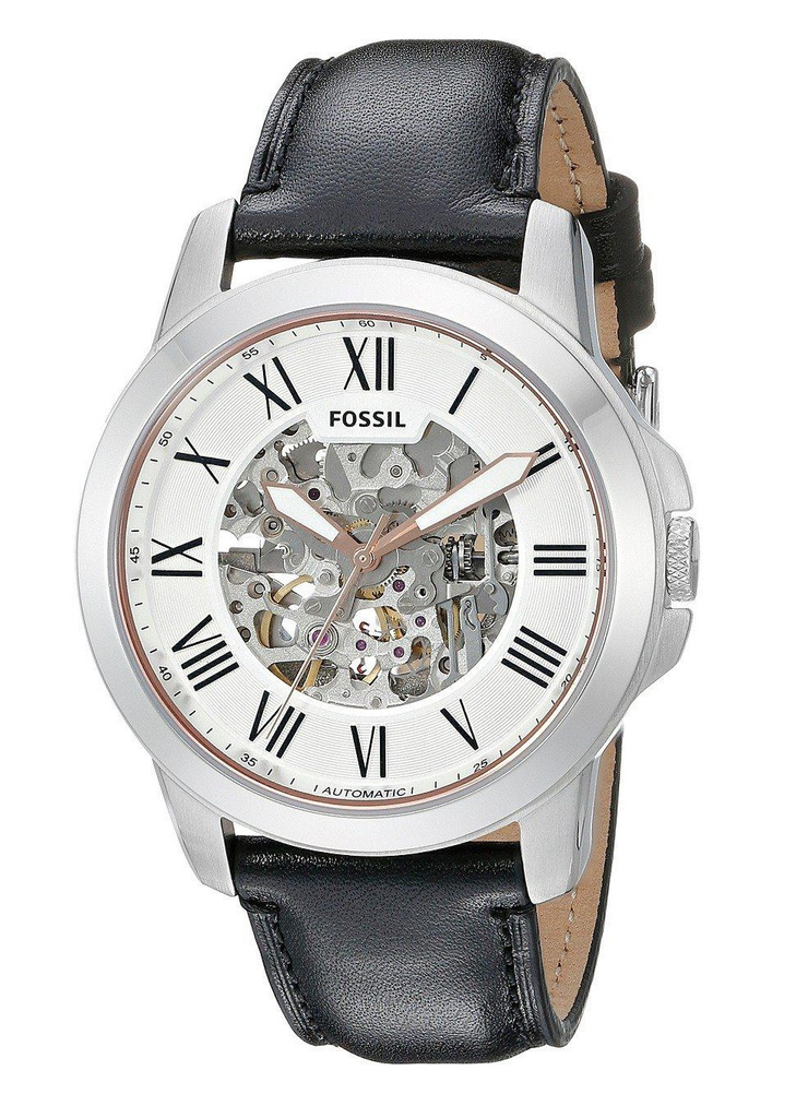 Fossil Grant Automatic Skeleton White Dial Black Leather Strap