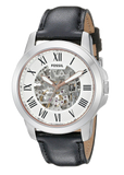 Fossil Grant Automatic Skeleton White Dial Black Leather Strap Watch for Men - ME3101