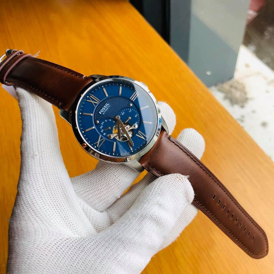 Townsman for Strap Automatic Fossil Watch Blue Brown Men Leather Dial