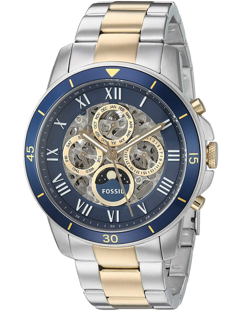 Fossil Grant Sport Automatic Skeleton Blue Dial Two Tone Steel