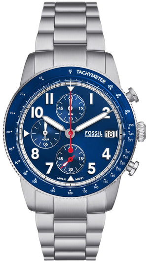 Fossil Sport Tourer Chronograph Blue Dial Silver Steel Strap Watch for Men - FS6047