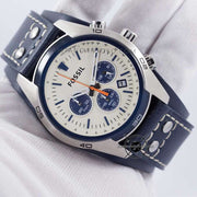 Fossil Coachman Chronograph White Dial Blue Leather Strap Watch for Men - CH3051