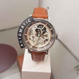 Fossil Boyfriend Automatic Skeleton Silver Dial Brown Leather Strap Watch for Women - ME3109