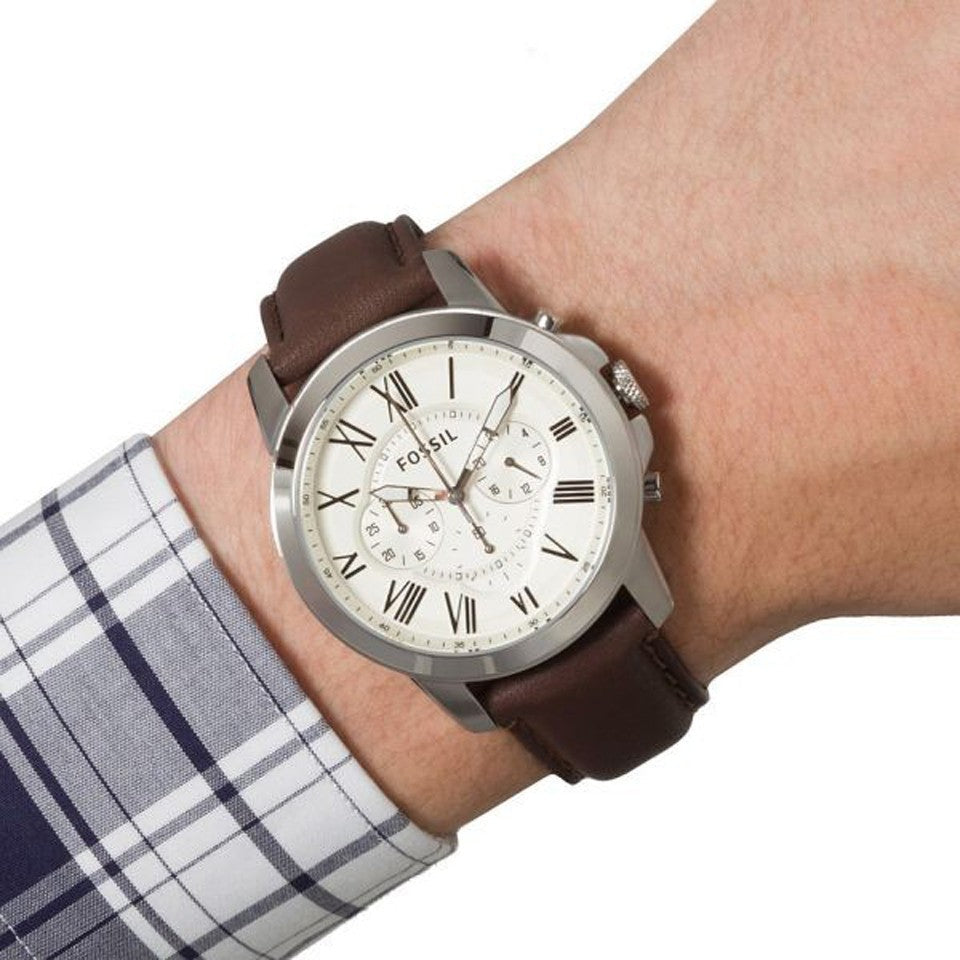Fossil Grant Chronograph Beige Dial Brown Leather Strap Watch for Men - FS4735
