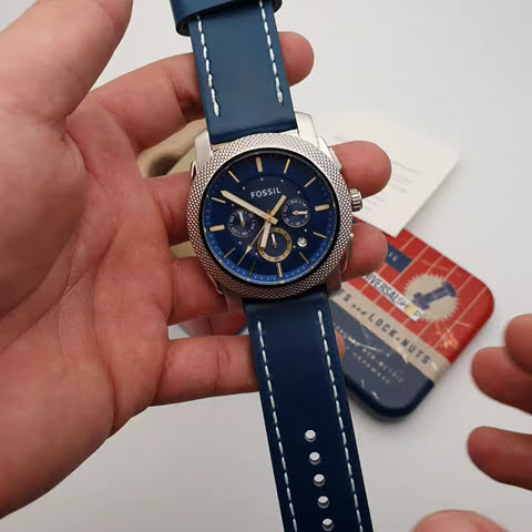 Machine Blue Strap Dial Blue Leather Men for Chronograph Fossil Watch