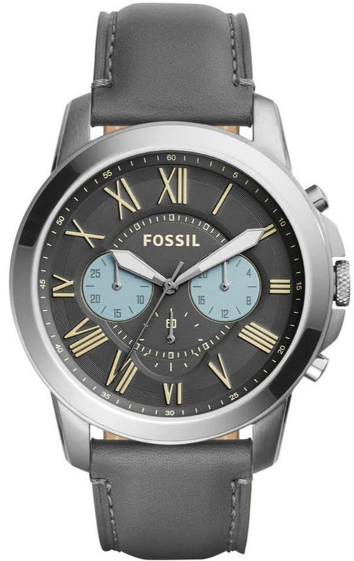 Fossil Grant Chronograph Gunmetal Dial Grey Leather Strap Watch