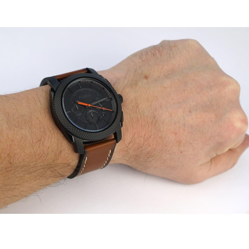 Fossil Machine Chronograph Black Dial Brown Leather Strap Watch