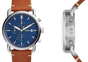 Fossil The Commuter Blue Dial Brown Leather Strap Watch for Men - FS5401
