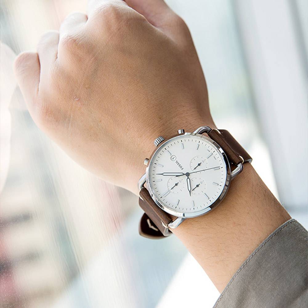 Fossil The Commuter White Dial Brown Leather Strap Watch for Men