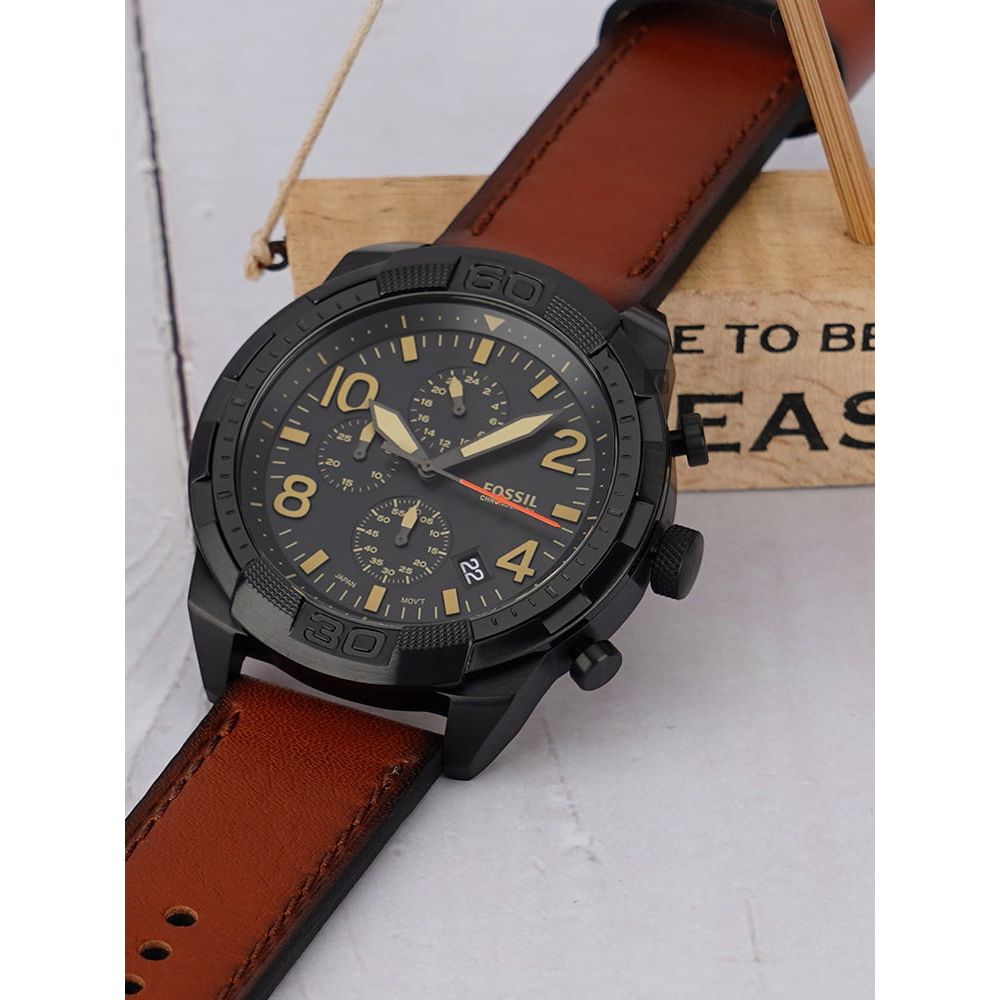 Dial Bronson Watch Fossil for Leather Strap Brown Black Men