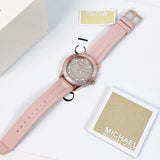 Michael Kors Runway Three Hand Crystal Pave Dial Pink Rubber Strap Watch For Women - MK6854