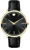 Movado Ultra Slim Black Dial Black Leather Strap Watch For Men - 0607087