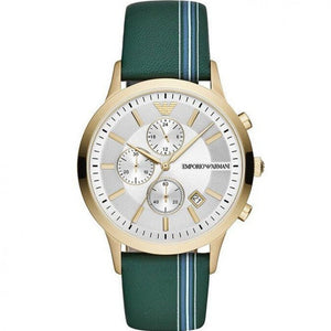 Emporio Armani Renato Chronograph Silver Dial Green Leather Strap Watch For Men - AR11233