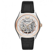 Emporio Armani Zeta Automatic Skeleton Silver Dial Black Leather Strap Watch For Men - AR60018