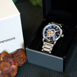 Emporio Armani Luigi Chronograph Skeleton Blue Dial Silver Steel Strap Watch For Men - AR60036