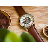 Fossil Grant Automatic Beige Skeleton Dial Brown Leather Strap Watch for Men - ME3099