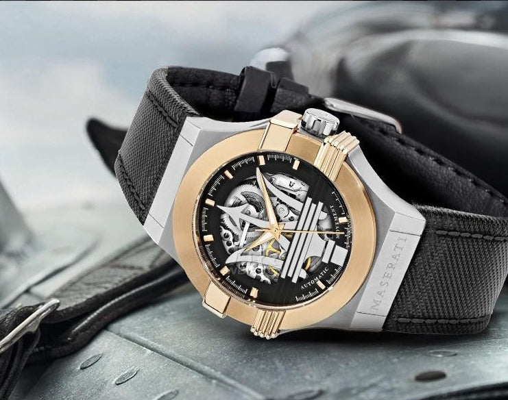 Maserati Potenza Automatic Skeleton Dial Black Leather Strap Watch