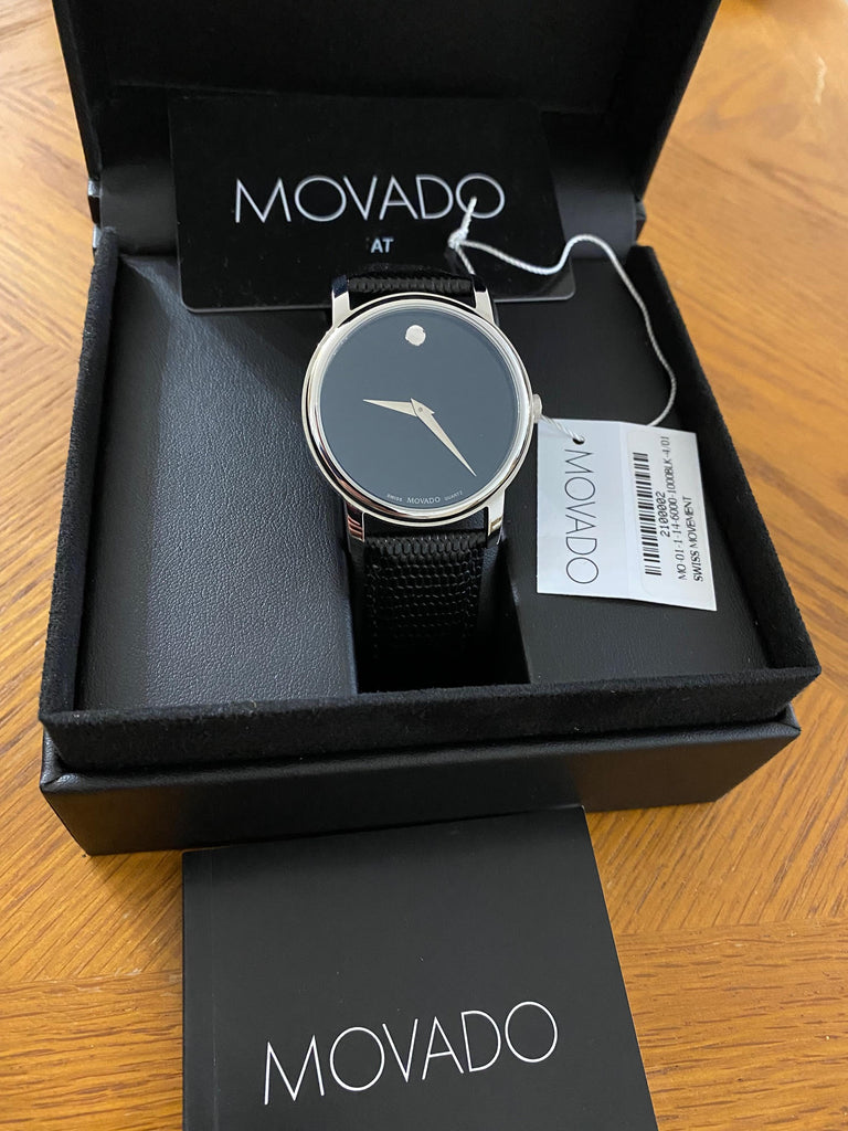 Movado Museum Black Dial Black Leather Strap Watch For Men