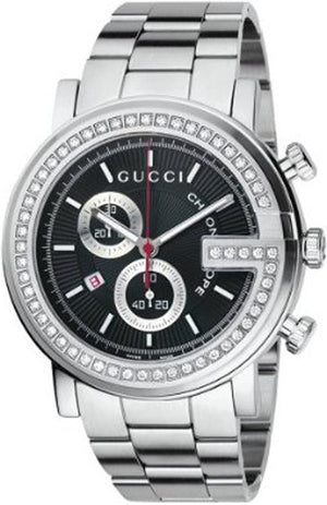 Gucci G Chrono Diamonds Black Dial Silver Steel Strap Watch For Men - YA101324