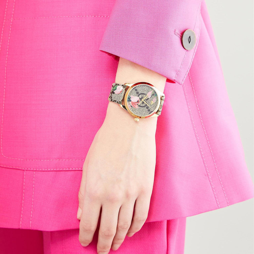 Gucci G Timeless Floral Brown Dial Brown Leather Strap Watch For Women