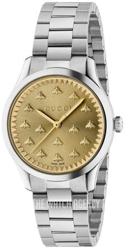 Gucci G Timeless Quartz Gold Dial Silver Steel Strap Watch for Women - YA1265035